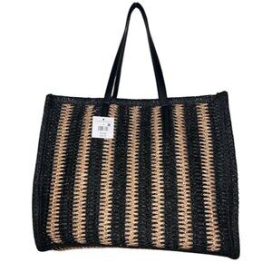 Black Tan Striped Raffia Large Beach Travel Tote Bag Falls Creek NWT